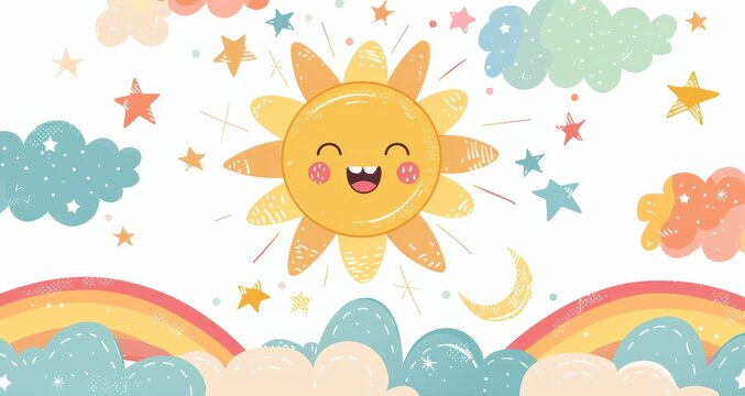 A cartoon drawing of a smiling sun with a rainbow in the background. The sun is surrounded by stars and clouds, giving the impression of a bright and cheerful day