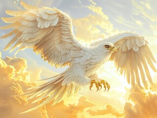 A white eagle with golden talons is flying in the sky. The bird is surrounded by clouds, and the sky is a bright yellow color. Concept of freedom and grace