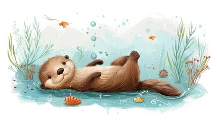 Foto auf Leinwand A cartoon otter is floating in a pond with fish swimming around him. The scene is peaceful and relaxing © AW AI ART