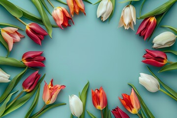 Colorful Tulip Flowers Frame on Blue Background, Circle Border Top View. Perfect for Woman's Day Banner, Mother's Day, Greetings Card Background