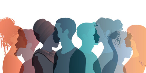 Group Multicultural silhouette people side-view. Community of colleagues or collaborators. Bargain agreement or pact concept. Co-workers. Harmony. Diversity equality inclusion. Banner - obrazy, fototapety, plakaty