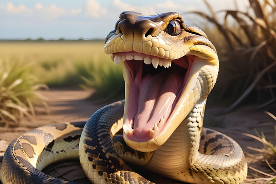 cartoon of a very large toothy smiling python with a wide smile. python looks at the camera with a white smile.. Playground AI platform