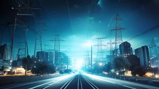 Electricity transmission towers with orange glowing wires the starry night sky. Energy infrastructure concept, energy, electricity, voltage, supply