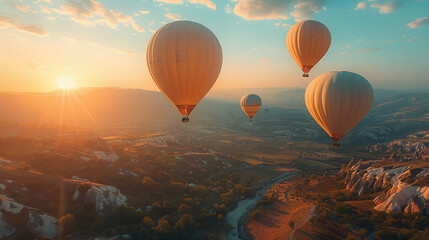 Obraz premium balloons take off in the valley, gradient, white and light turquoise. AI generative