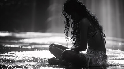 Silhouette of a contemplative woman sitting alone on wet ground, with a moody, backlit setting.
