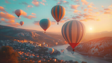 Naklejka premium balloons take off in the valley, gradient, white and light turquoise. AI generative