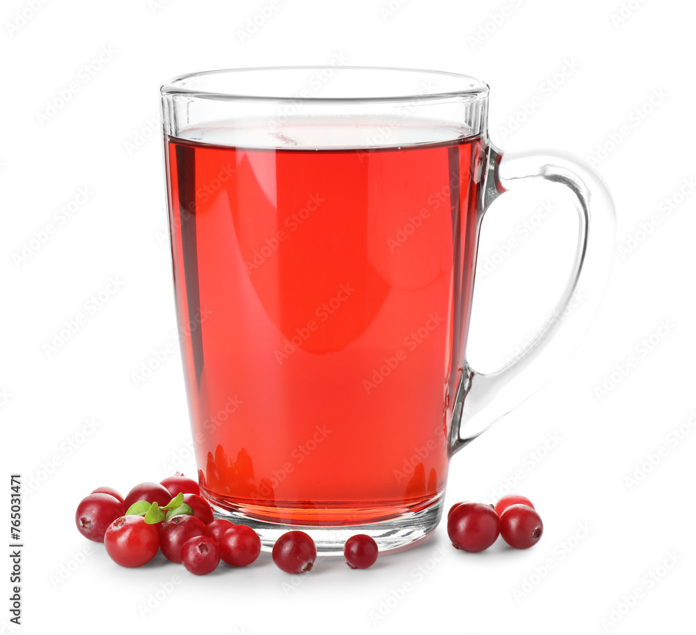 Poster Cup of delicious cranberry tea and berries isolated on white