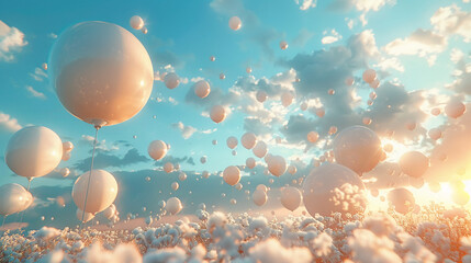 balloons take off in the valley, gradient, white and light turquoise. AI generative