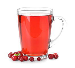 Cup of delicious cranberry tea and berries isolated on white