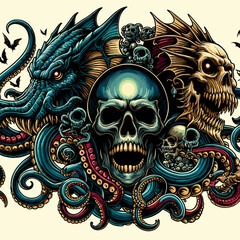 art work of skull head around kraken body octopus devil god