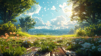 Spring style, Swallows, wills, blue sky, sunlight, soft and ethereal, detailed, miniature. AI generative