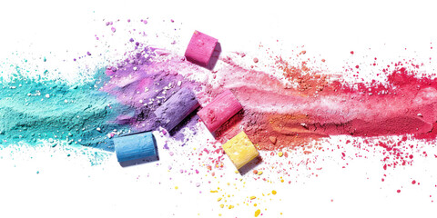 Colorful chalk pieces and dust flying, effect explode isolated on transparent png.
