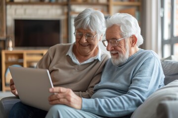 Senior couple websurfing on internet with laptop at home, Generative AI