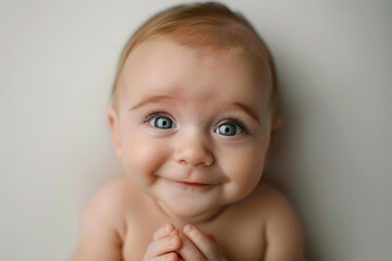 A baby with blue eyes is smiling and looking at the camera