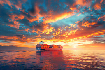 Container cargo ship in the ocean at sunset blue sky background with copy space. - obrazy, fototapety, plakaty
