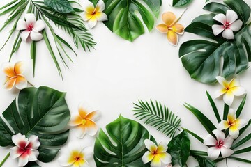 Frame with Exotic Flowers and Leaves on White Background. Copy Space for Text. Perfect for Summer Concept, Flower Patterns, Mock-Up, Wallpaper, and Advertising Banner or Poster.