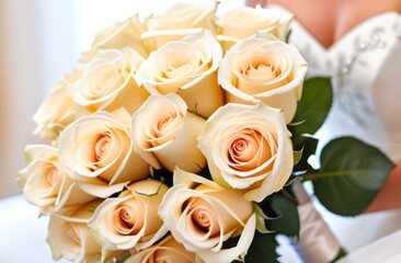 Close-up of a beautiful bouquet of wedding roses in the hands of the bride.