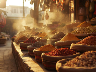 Colourful Spices in Oriental Market in Morocco: seeds and other plant substance primarily used for...