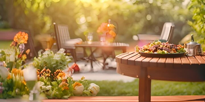 summer time in backyard garden with grill BBQ, wooden table, blurred background 4K Video