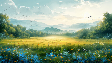 Spring style, Swallows, wills, blue sky, sunlight, soft and ethereal, detailed, miniature. AI generative