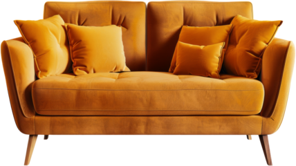 Modern sofa with pillows, cut out transparent