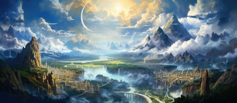 Create an artwork depicting a serene scene of mountains, a flowing river, and a glowing moon in the sky