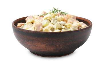 Tasty Olivier salad with boiled sausage in bowl isolated on white