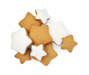 Tasty star shaped Christmas cookies with icing isolated on white, top view