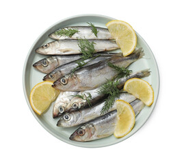 Fresh raw sprats, lemon and dill isolated on white, top view
