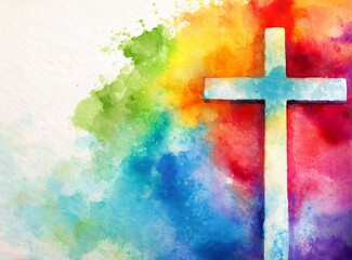 Christian cross on colorful watercolor style painting, copy space background, Christianity