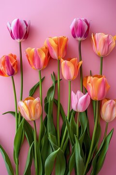 Pink and Orange Tulip Flowers on Pink Background, Top View. Perfect for Woman's Day Banner, Mother's Day, Greetings Card Background