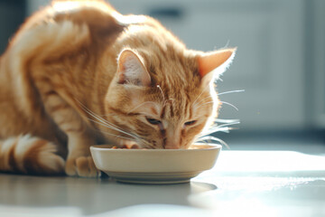 Ginger cat eating cat's food from a bowl. Banner, copy space.
