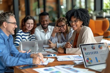 Smiling diverse colleagues gather in boardroom brainstorm discuss financial statistics together, Generative AI