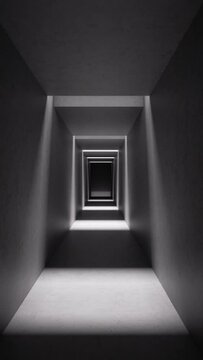cycled 3d vertical video. Abstract background. Empty room. Flight backwards through the empty corridor. Light and shadows move through the endless tunnel with concrete walls.
