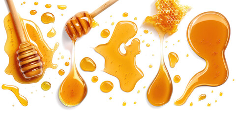 Set honey spill, Sweet honey spill drip isolated isolated on transparent png.	 - obrazy, fototapety, plakaty