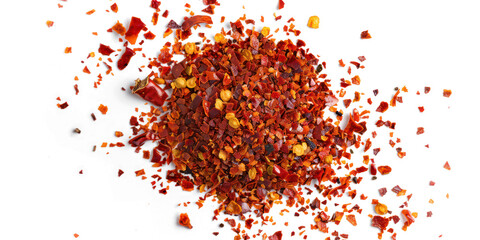 Spicy chili red pepper flakes, dry paprika pile isolated on transparent png.
