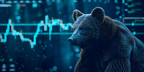 Bear and stock market data. 3D render of bear and stock exchange data .Bear looking at computer monitor with stock market data.
