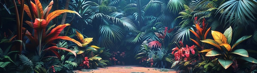 Exotic plant illustrations, pastel shades, ground level, serene light, rich textures