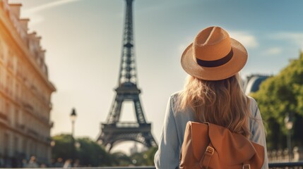 Woman with Backpack and Stylish Hat Posing in Front of Paris Eiffel Tower. World Travel Concept. Perfect for Celebrating Woman's Day, Birthdays, Valentine's Day, Banner or Poster.