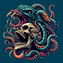 Fototapeta premium monster beast kraken octopus screaming with skull head