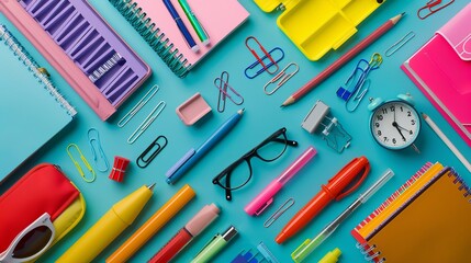 Assorted school office supplies arranged neatly on desk: pens, notebooks, stapler, and more