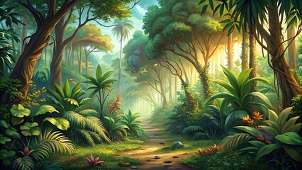 Light fairy-tale tropical forest permeated with sun rays