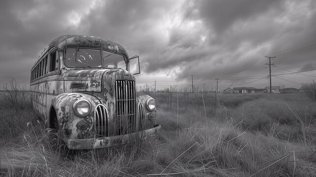 Vintage abandoned bus in a field under a cloudy sky in black and white.