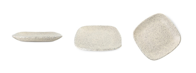 Empty ceramic plate isolated on white, set with different views