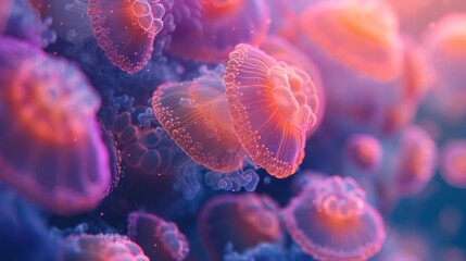 A mesmerizing close-up of jellyfish with delicate, glowing bodies, creating an ethereal underwater dance suitable for marine life documentaries.