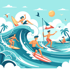 people in swimwear surfing in sea or ocean illustration - obrazy, fototapety, plakaty