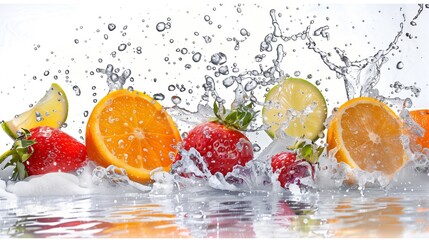 Fresh Fruits with a captivating Water Splash against a clean white background