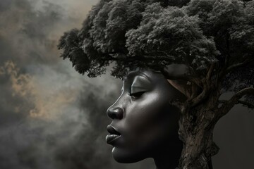 Fototapeta premium Resilient African woman tree. Female tree shot. Generate Ai