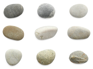 Fototapeta na wymiar Sea pebbles. Different stones isolated on white, set
