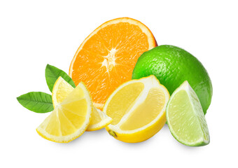 Citrus fruits. Fresh orange, lemons and limes on white background